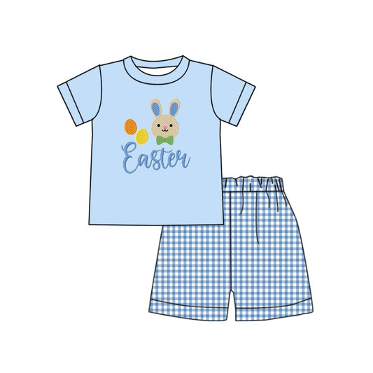 preorder BSSO0298 Easter rabbit egg blue short sleeve checkered shorts boys set