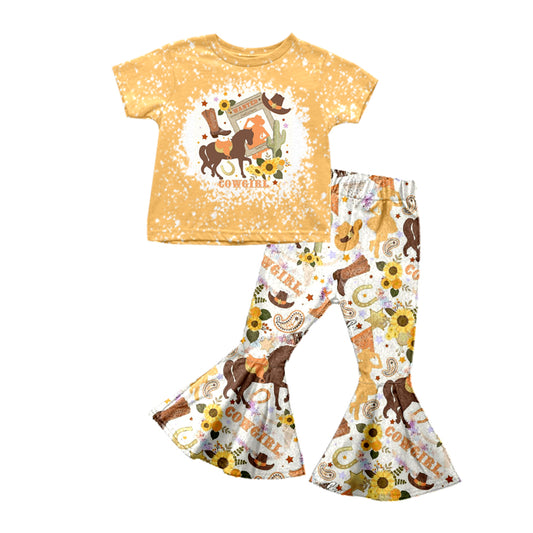 preorder GSPO0937 Western cowgirl horse yellow short sleeve pants girls set