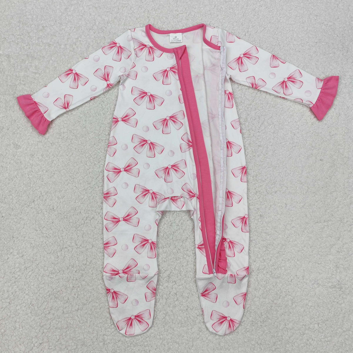 LR1770 pink bows long sleeve ruffles zipper girls romper