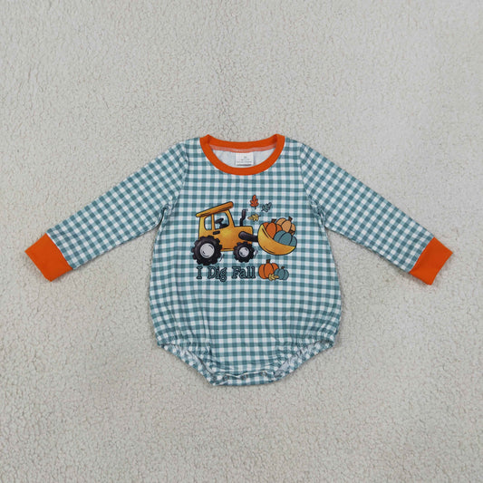 LR3237 I Dig Fall Pumpkin Tractor Long Sleeve Boys Romper