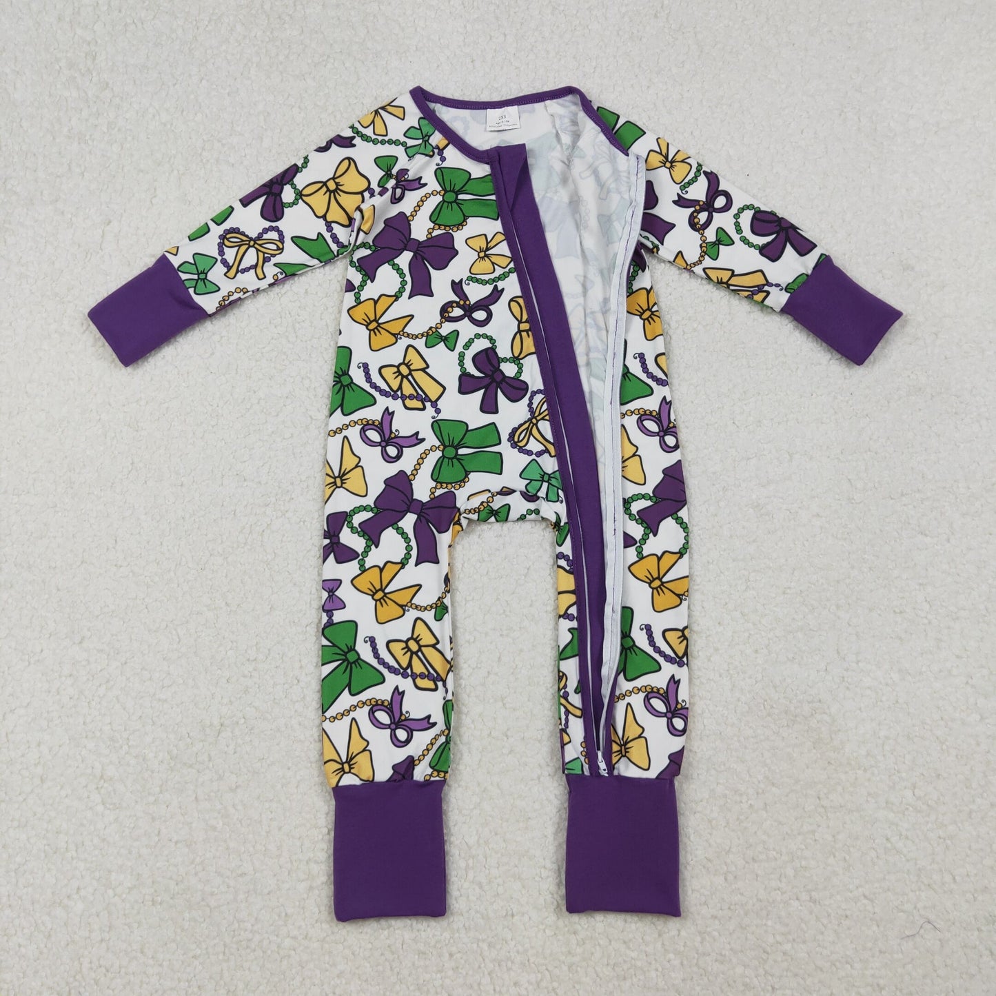 LR2678 Mardi Gras yellow green purple bows zipper long sleeve girls romper