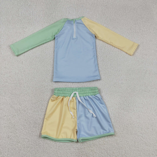 S0634 Yellow Mint Green Blue Long Sleeve Shorts Boys Swimsuits
