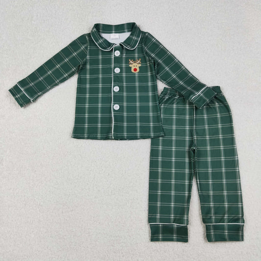 embroidery BLP0545 Christmas deer green long sleeve pants boys pajamas