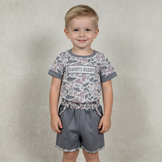 Embroidery BSSO1838 Daddy's Buddy Camo Short Sleeve Shorts Boys Set