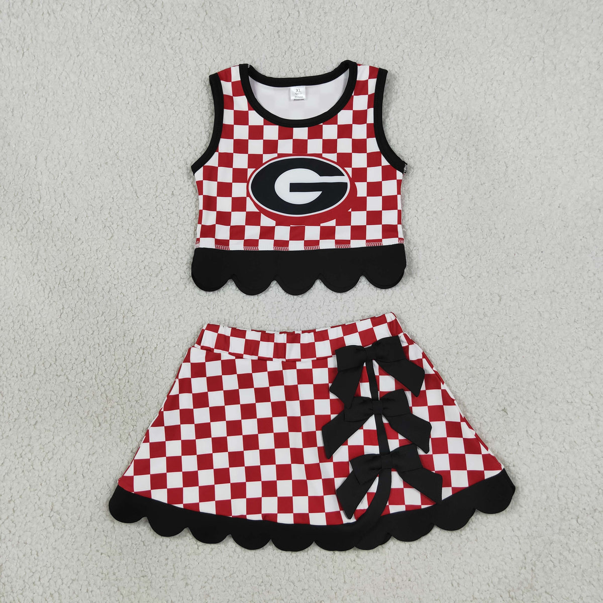 GSD4287 Yoga Scallop Team Red Checkered Sleeveless Bows Skorts Girls Set