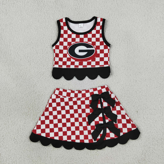 GSD4287 Yoga Scallop Team Red Checkered Sleeveless Bows Skorts Girls Set