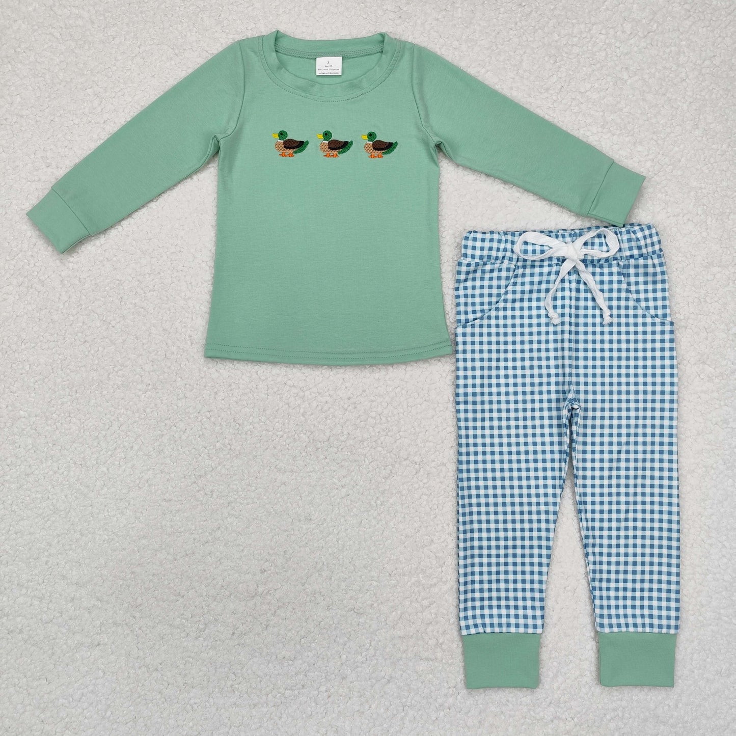 embroidery BLP1021 mallard cute duck green long sleeve green checkered pants boys set