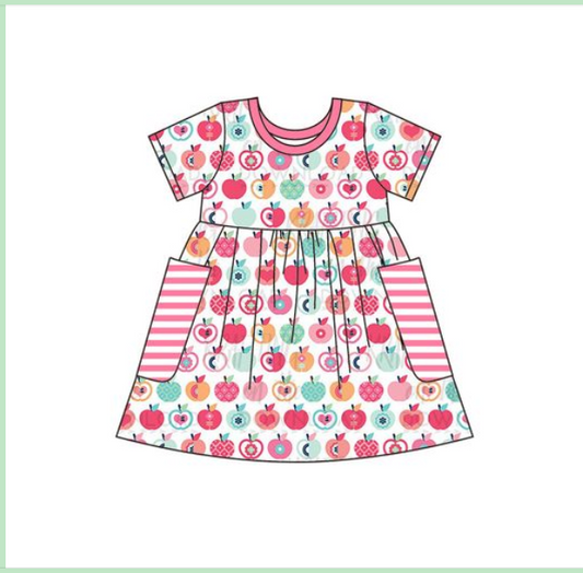 preorder Apple Pink Pocket Short Sleeves Girls Summer Dress