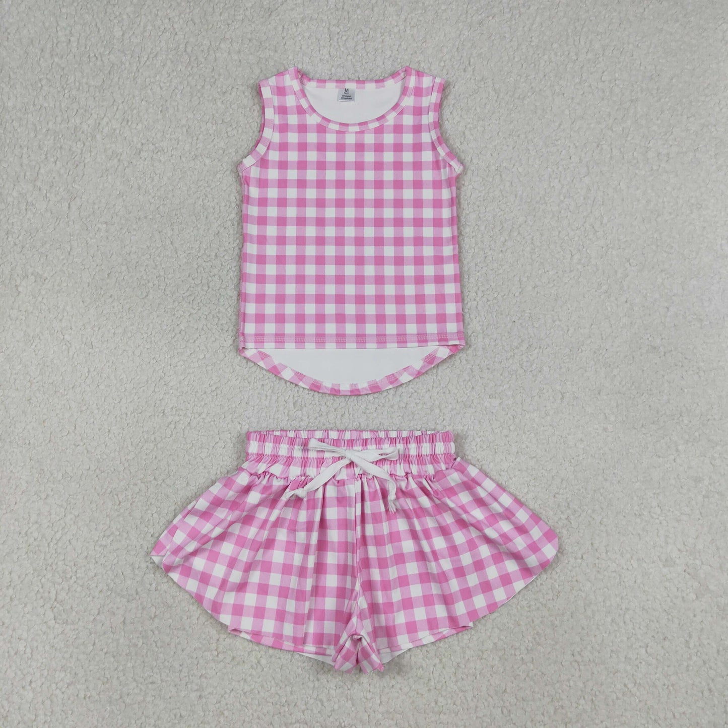GSSO3478 Yoga Pink Checkered Sleeveless Shorts Girls Set