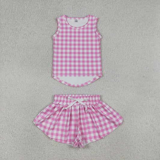 GSSO3478 Yoga Pink Checkered Sleeveless Shorts Girls Set
