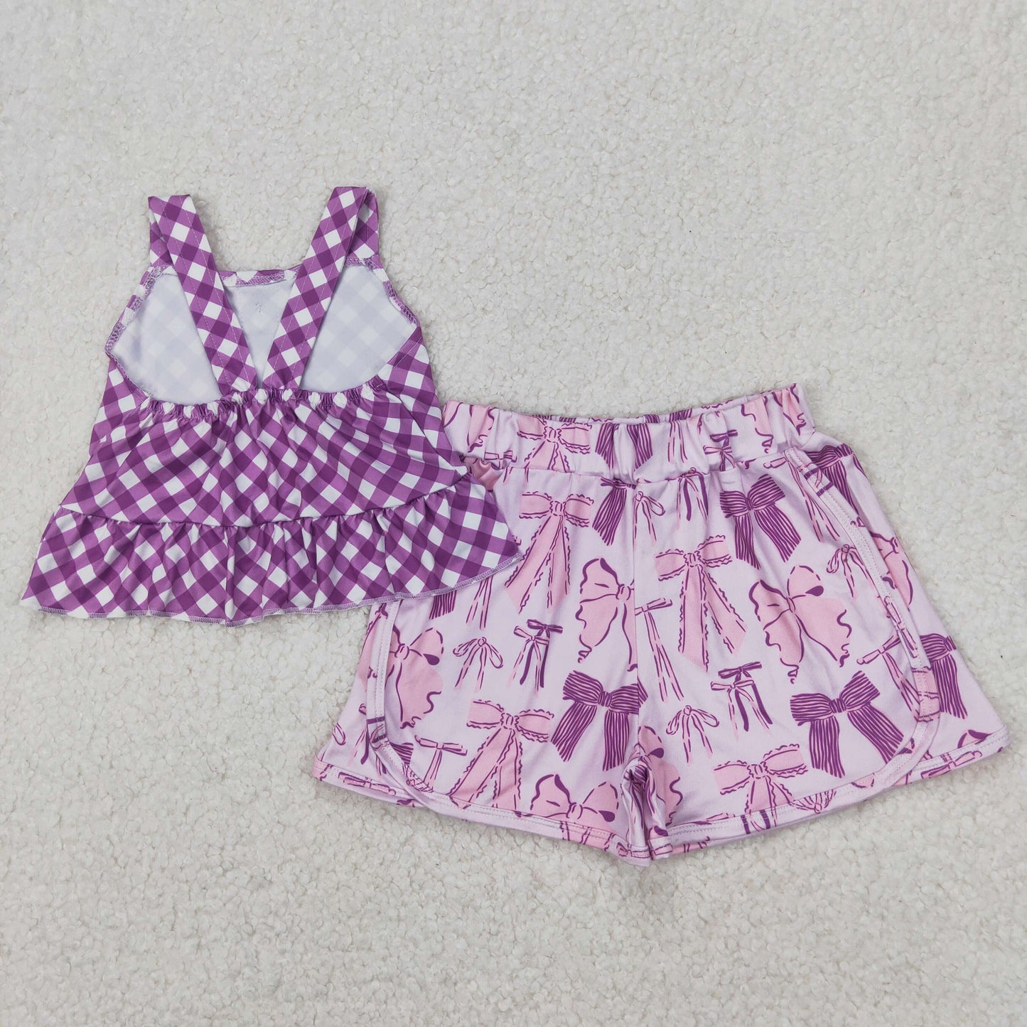 GSSO2035 purple checkered camisole top bows shorts girls set