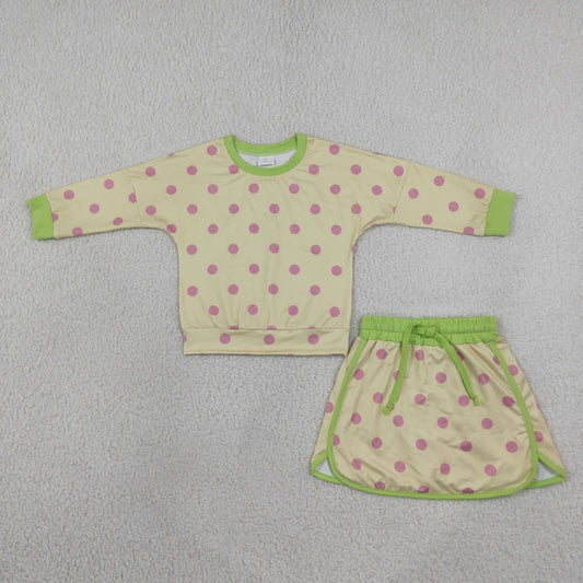 GLD1766 Yellow Dot Yellow Long Sleeve Shorts Girls Set