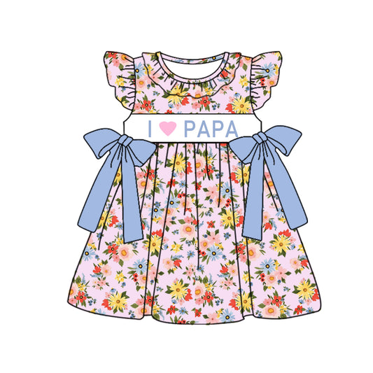 Custom I love papa flowers pink flutter sleeve girls dress moq 3