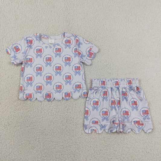 GSSO3555 Scallop July 4th Flag Bows Short Sleeve Shorts Girls Set