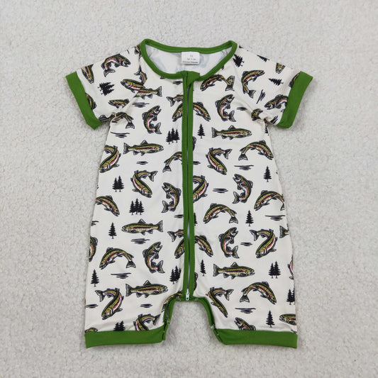 SR3095 cartoon fishing green short sleeve zipper boys romper