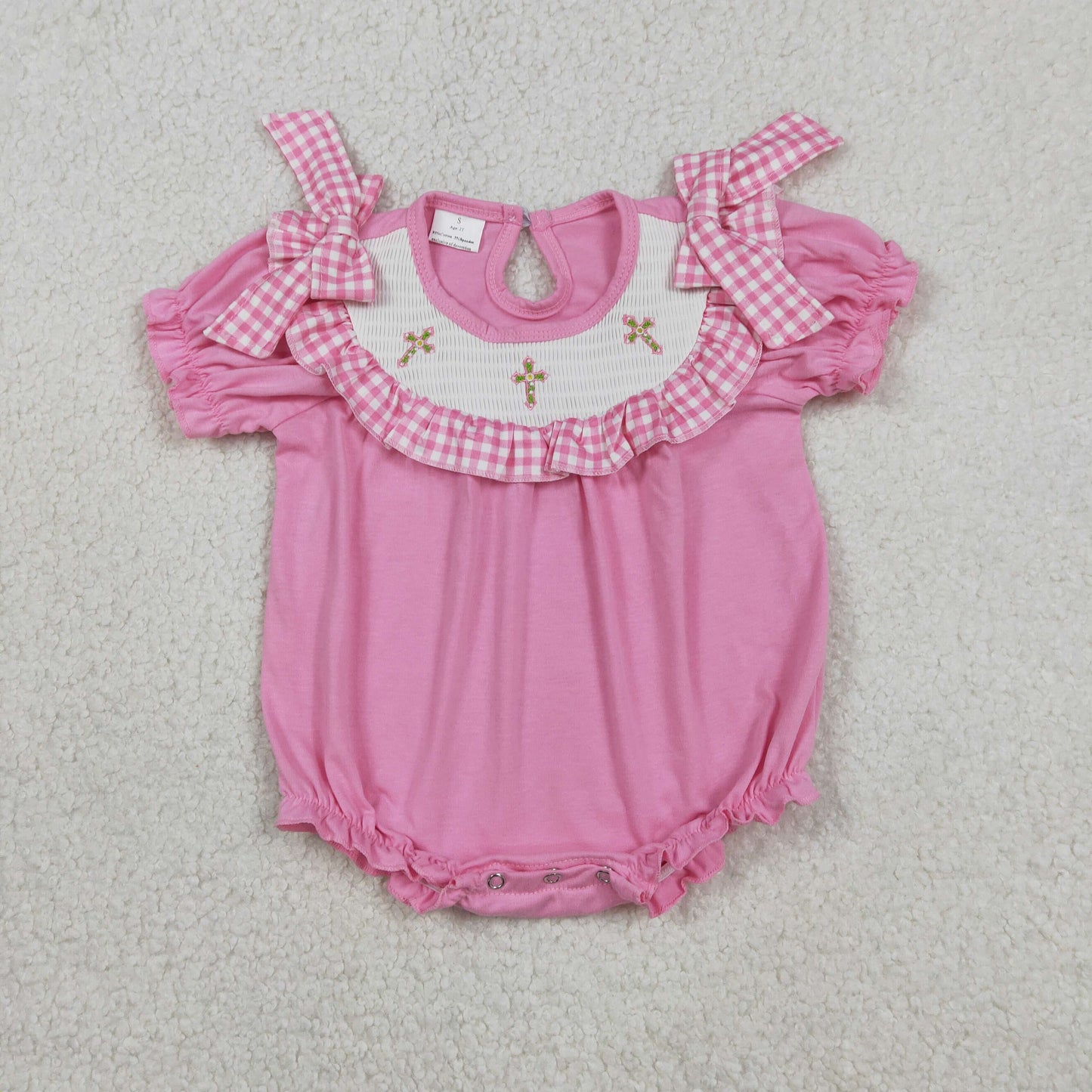 Smocked Embroidery SR3250 Easter cross bows hot pink short sleeve girls romper