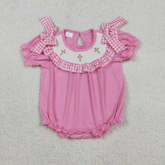 Smocked Embroidery SR3250 Easter cross bows hot pink short sleeve girls romper