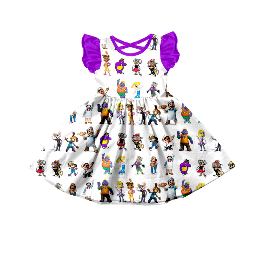 Custom cartoon purple flutter sleeve girls dress