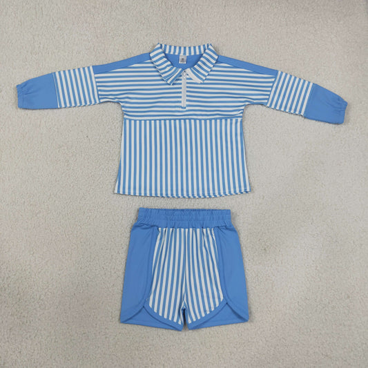 GLS0107 Yoga Blue Zipper Long Sleeve Shorts Girls Set