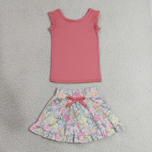 GSD3772 Yoga Pink Sleeveless Flowers Skorts Girls Set