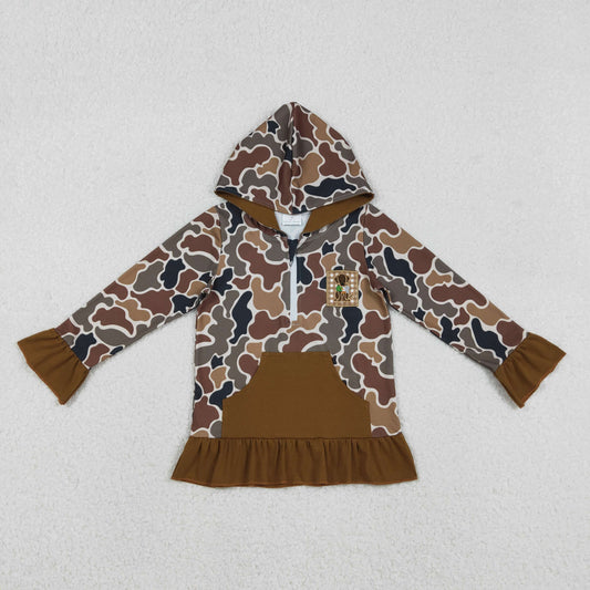 GT1132 hunting dog brown camo pocket hoodie long sleeve girls top