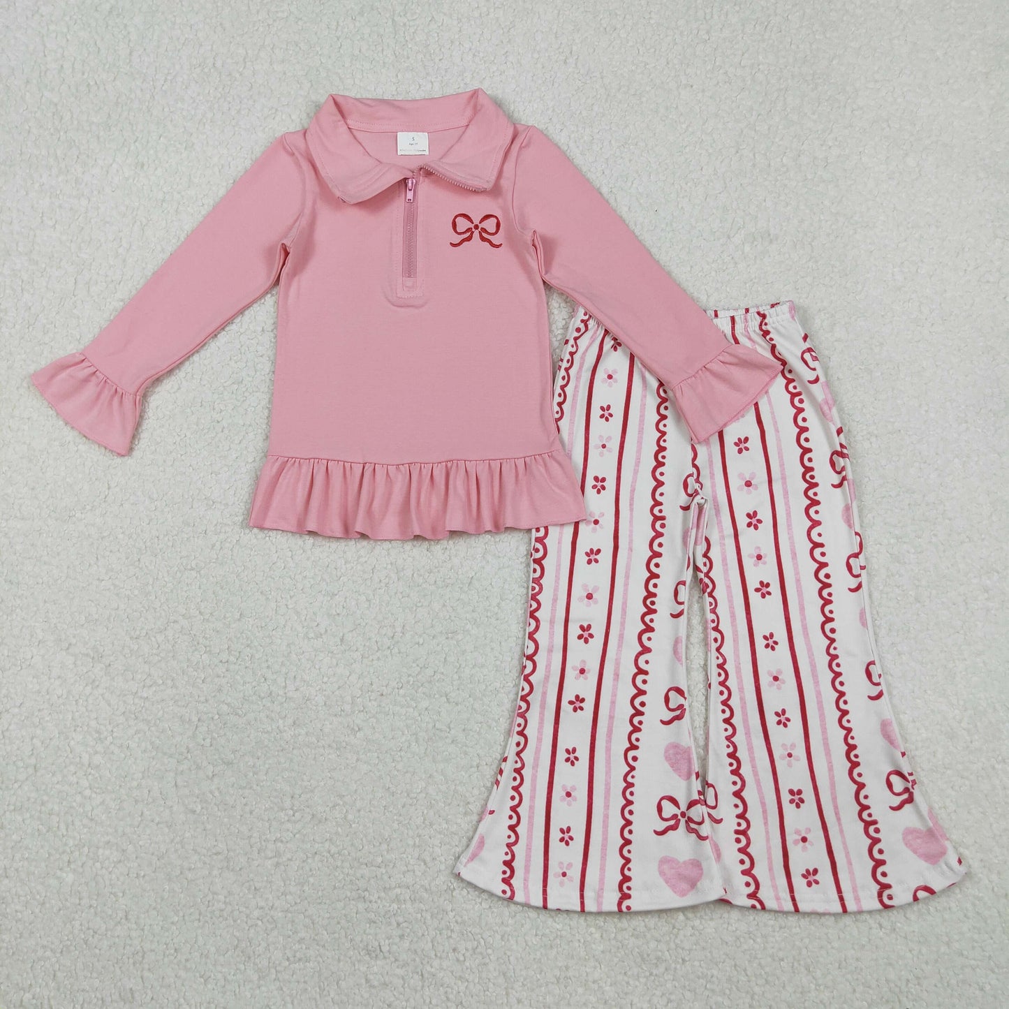 Embroidery Heart Zipper Long Sleeve Pants Girls Set RTS Sibling Clothes