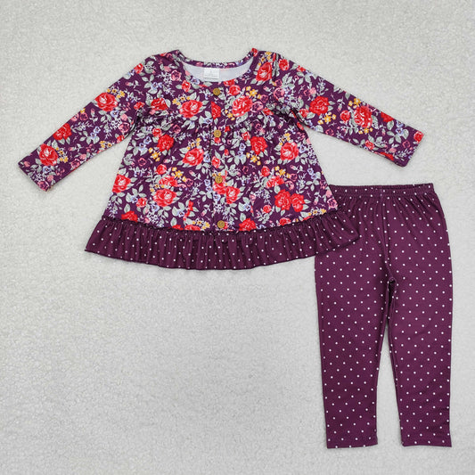 GLP1850 red flowers dark purple long sleeve dot pants girls set