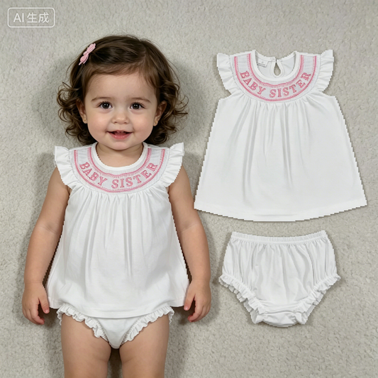 Embroidery Smocked GBO0490 Baby Sister Flutter Sleeve Girls Bummies Set