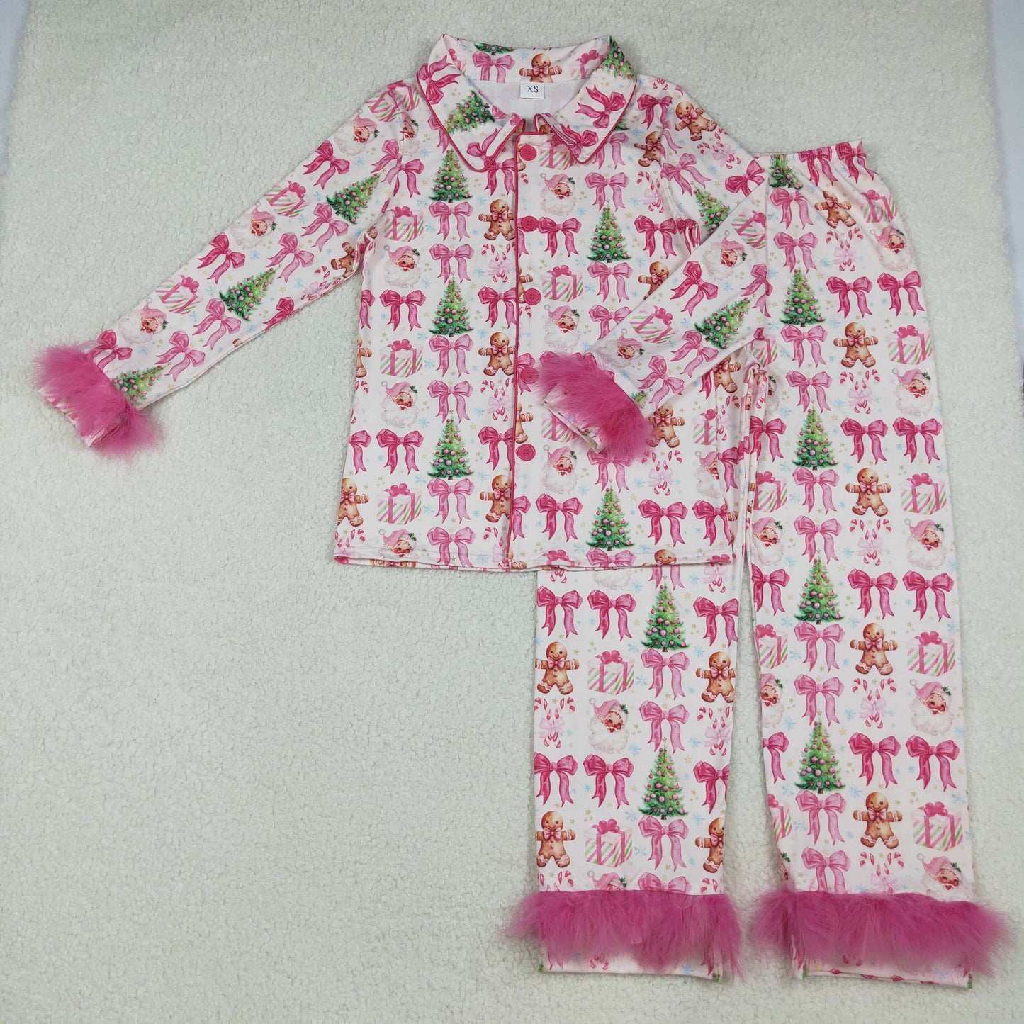 GLP2717 Christmas gingerbread man Santa hot pink long sleeve pants fur women pajamas