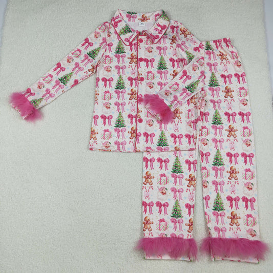 GLP2717 Christmas gingerbread man Santa hot pink long sleeve pants fur women pajamas