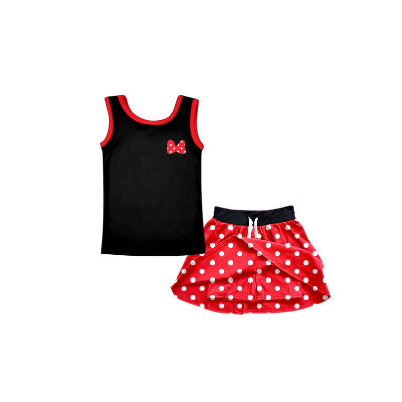 Custom Moq 3 Cartoon Princess Black Sleeveless Red Dot Skirt With Shorts Girls Set