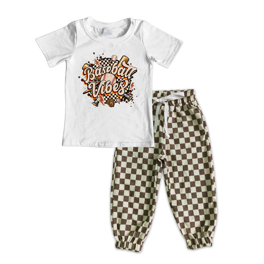 Preorder Baseball Vibes White Short Sleeve Khaki Checkered Pants Boys Set