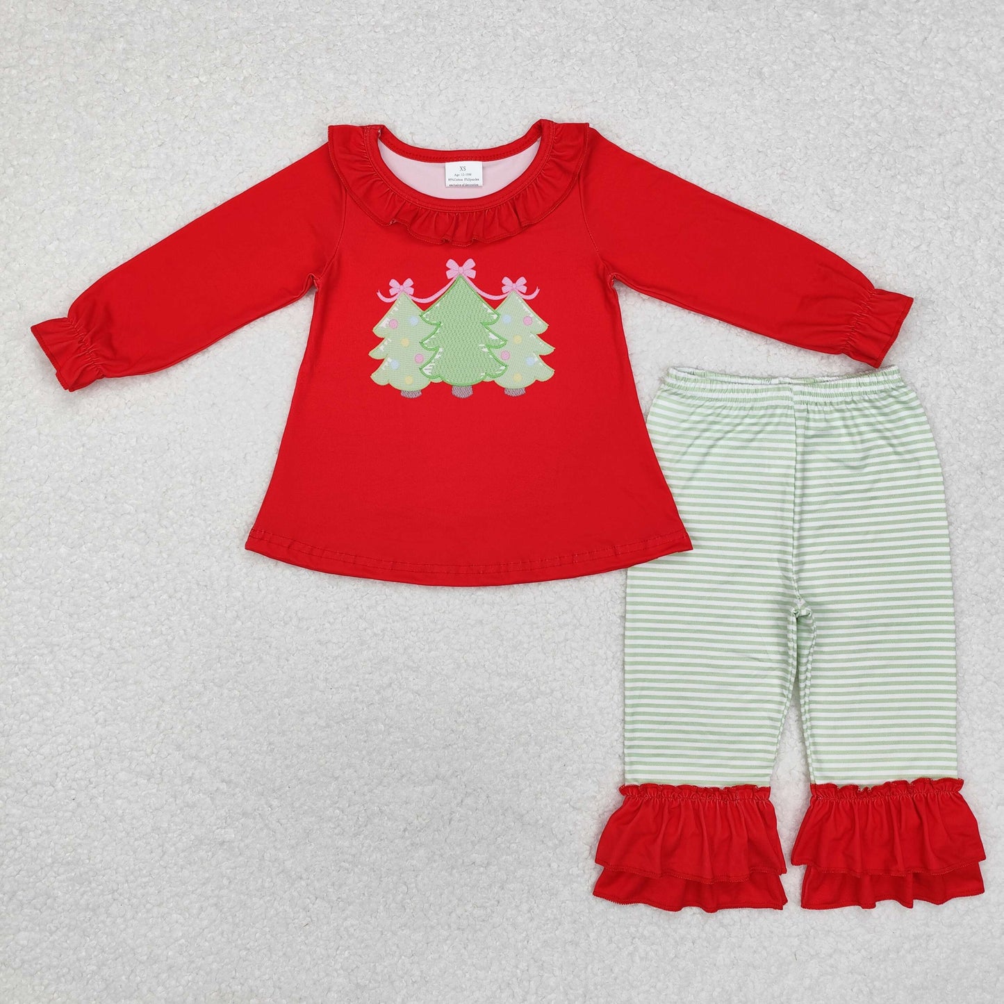 GLP1672 Christmas tree red long sleeve green striped pants girls set