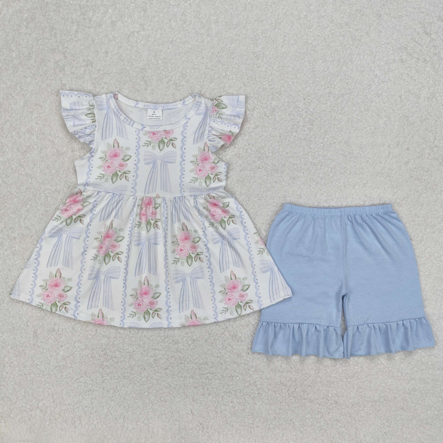 GSSO2052 blue bows flowers flutter sleeve blue shorts girls set