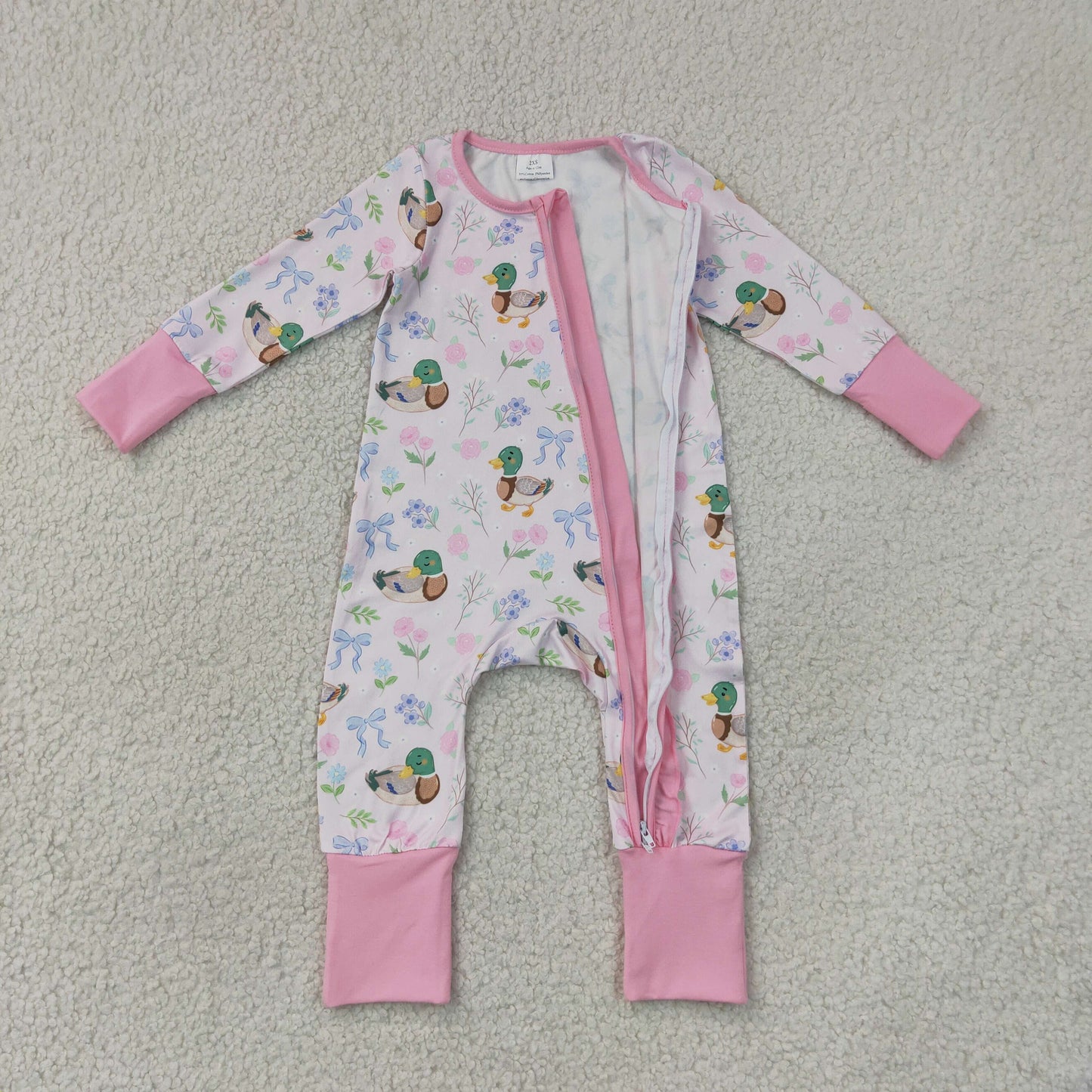 LR3071 Hunting Mallard Duck Bows Pink Zipper Long Sleeve Girls Romper