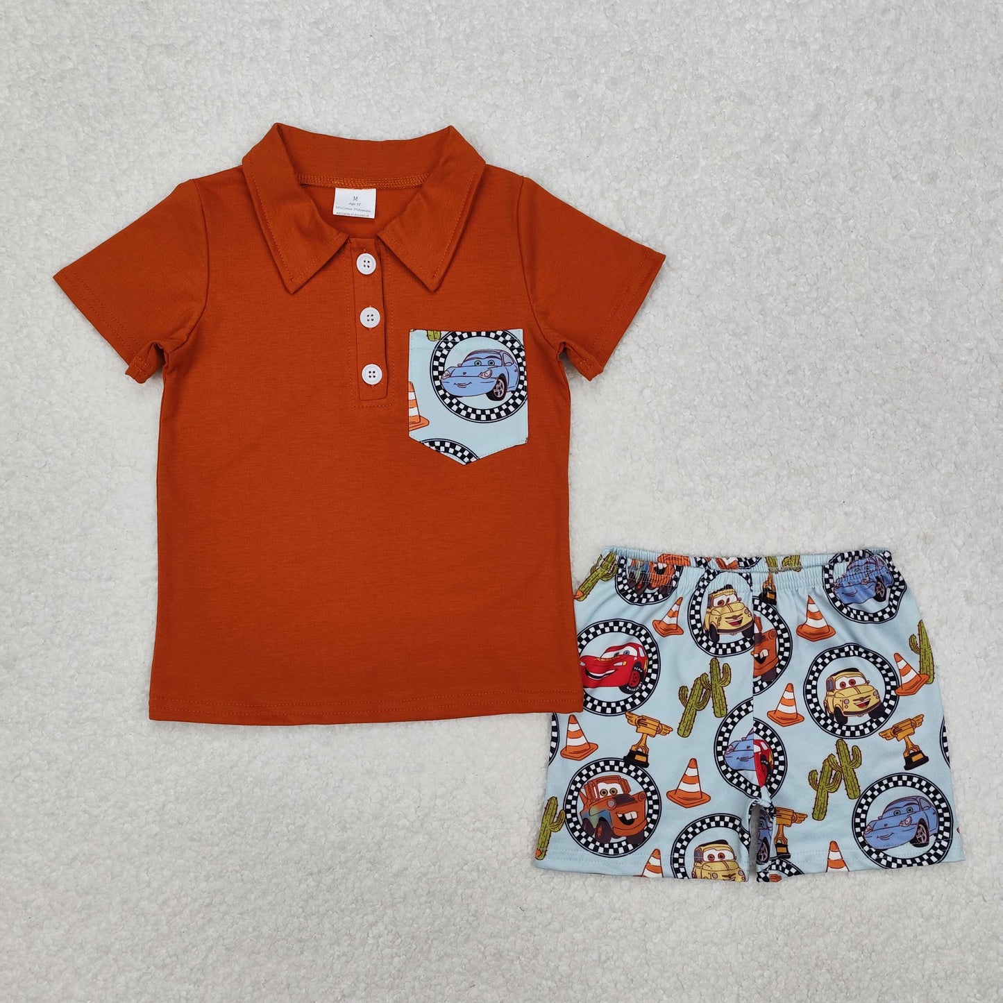 BSSO1210 Western Cartoon Car Pocket Brown Short Sleeve Cactus Shorts Boys Set