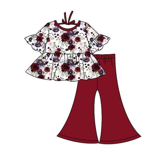 custom Red purple flowers short sleeve red pants girls set