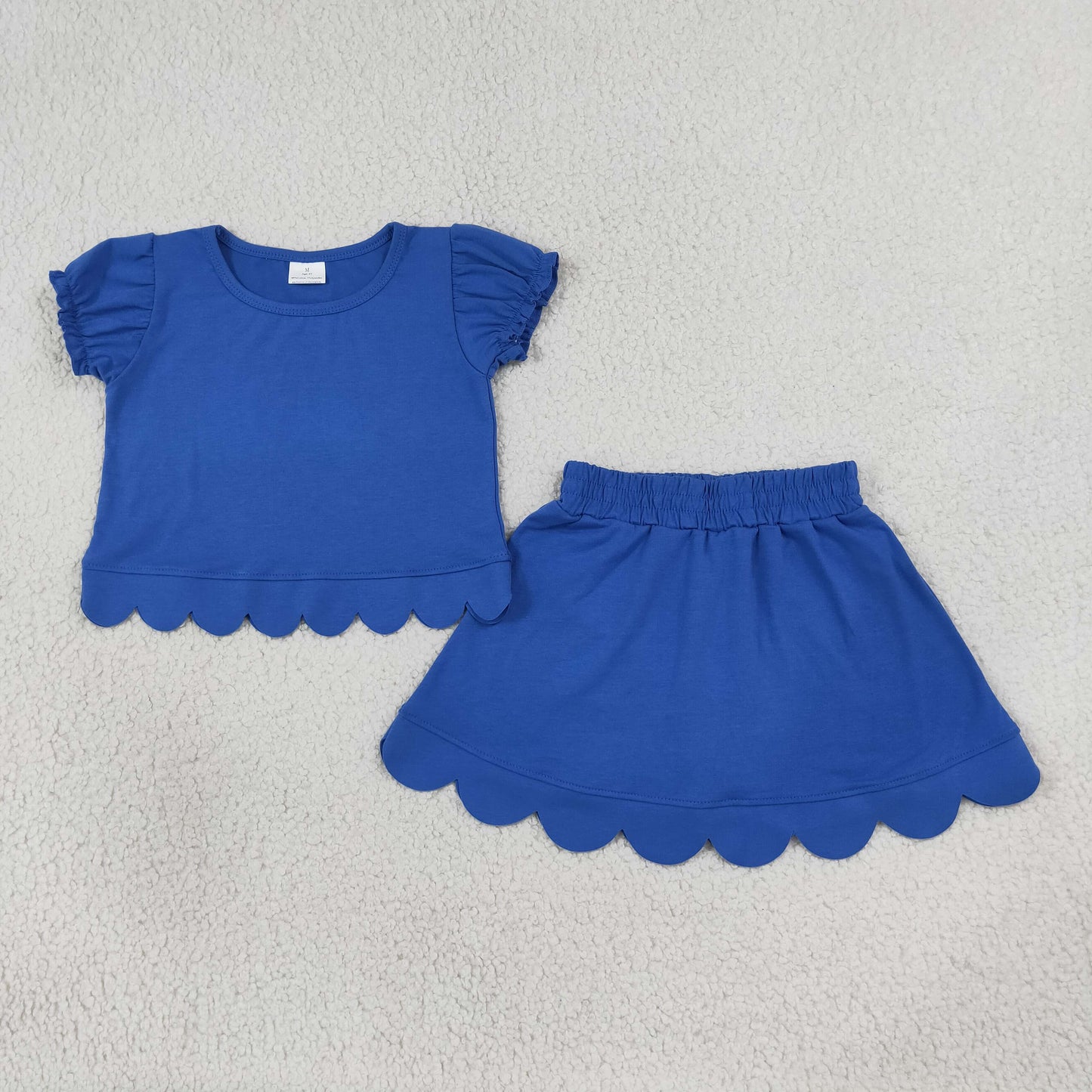 GSD3937 Scallop Solid Color Blue Scallop Short Sleeve Skorts Girls Set