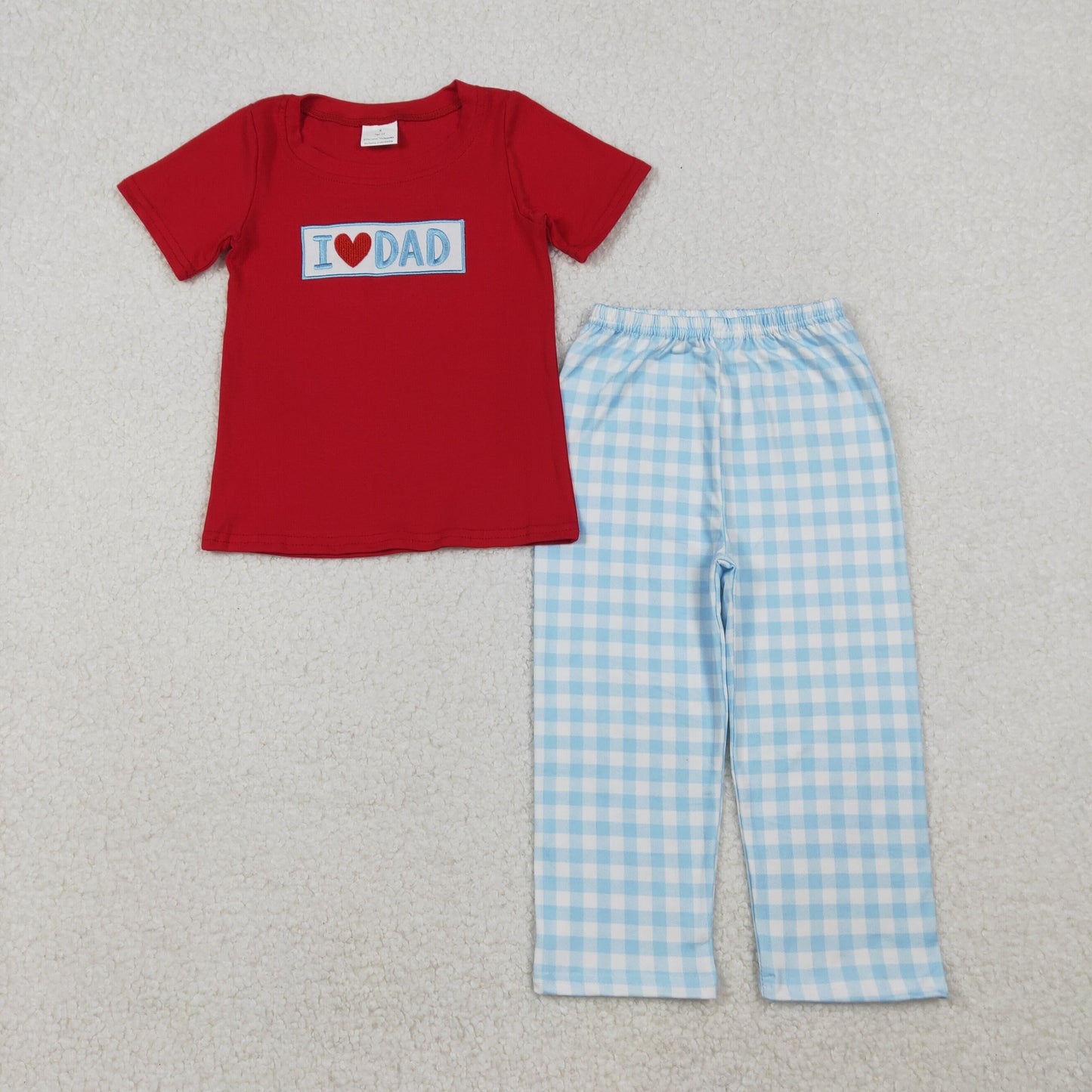 embroidery BSPO0589 i love dad red short sleeve blue checkered pants boys set