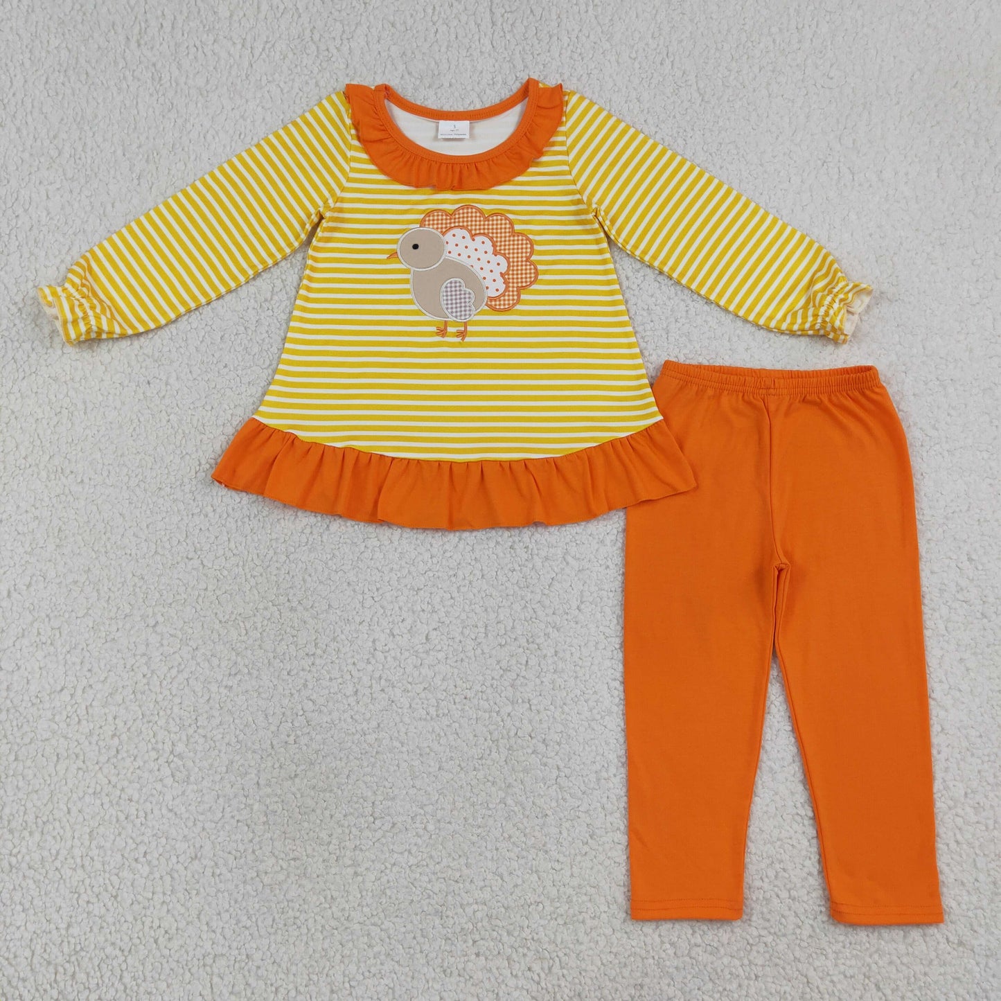 Embroidery GLP3493 Thanksgiving Turkey Striped Long Sleeve Pants Girls Set