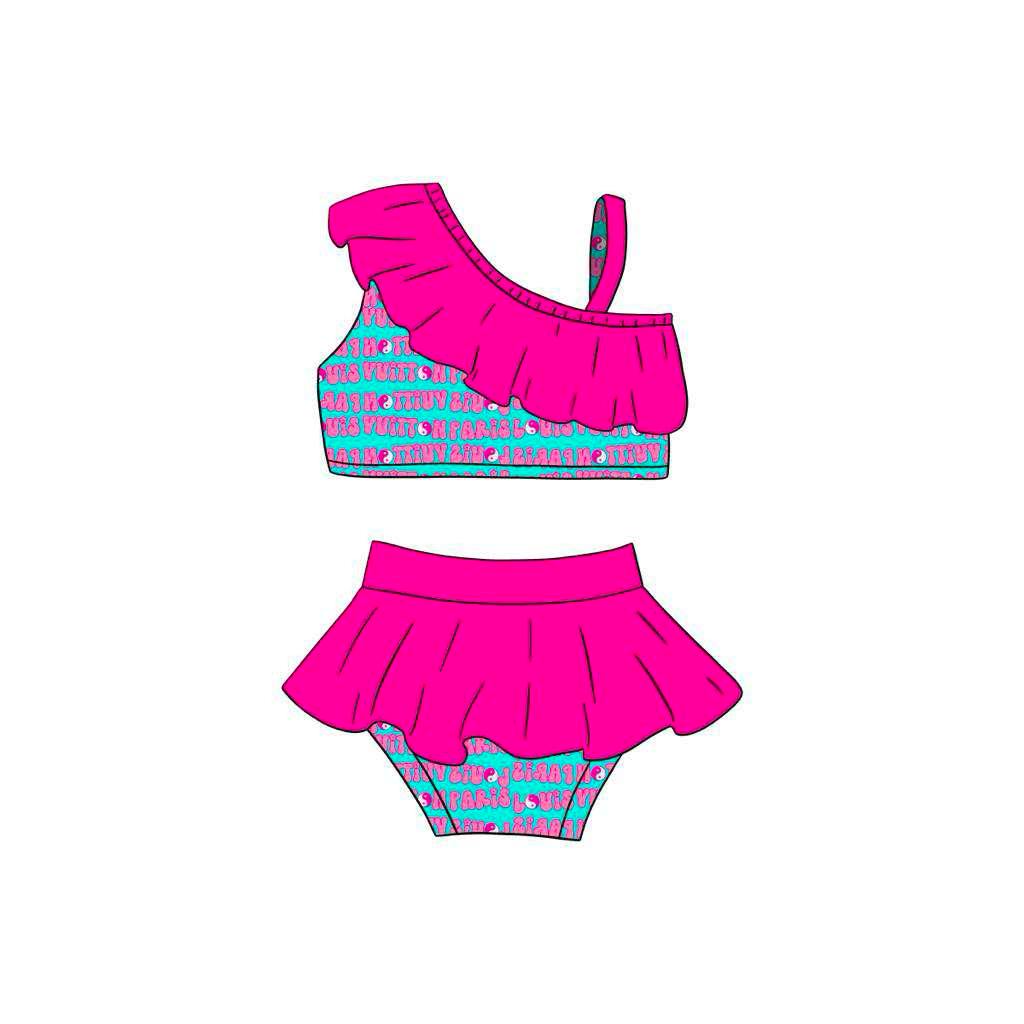 custom letter hot pink girls 2pc swimsuits