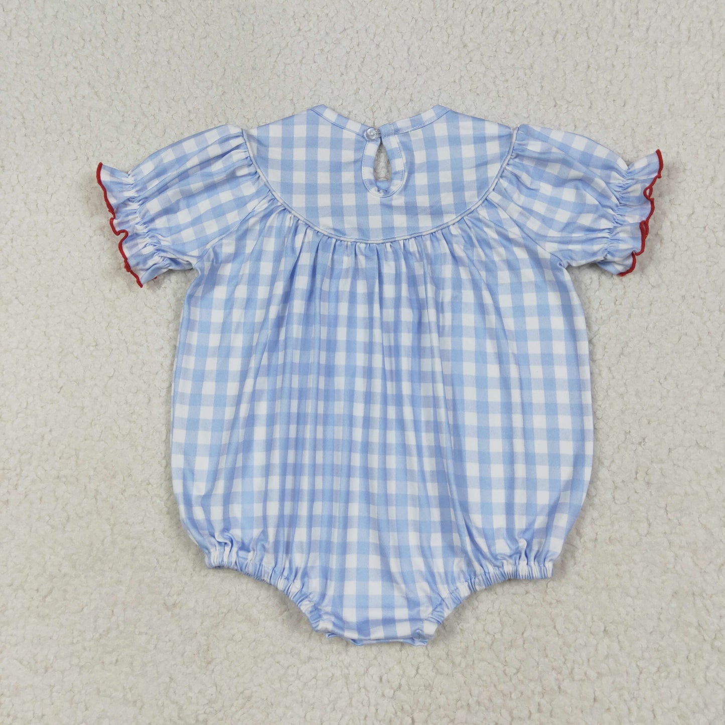 smocked SR2981 farm pig cow animals blue checkered short sleeve girls romper