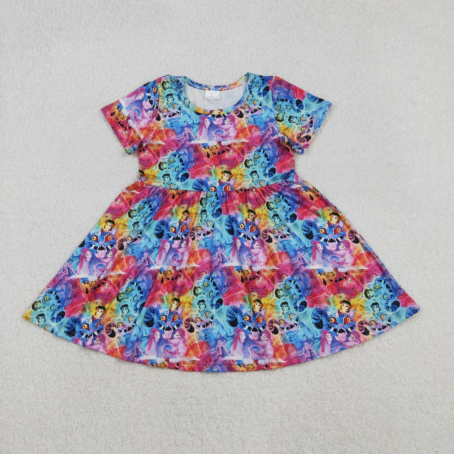 GSD2920 cartoon K cat colorful short sleeve girls dress
