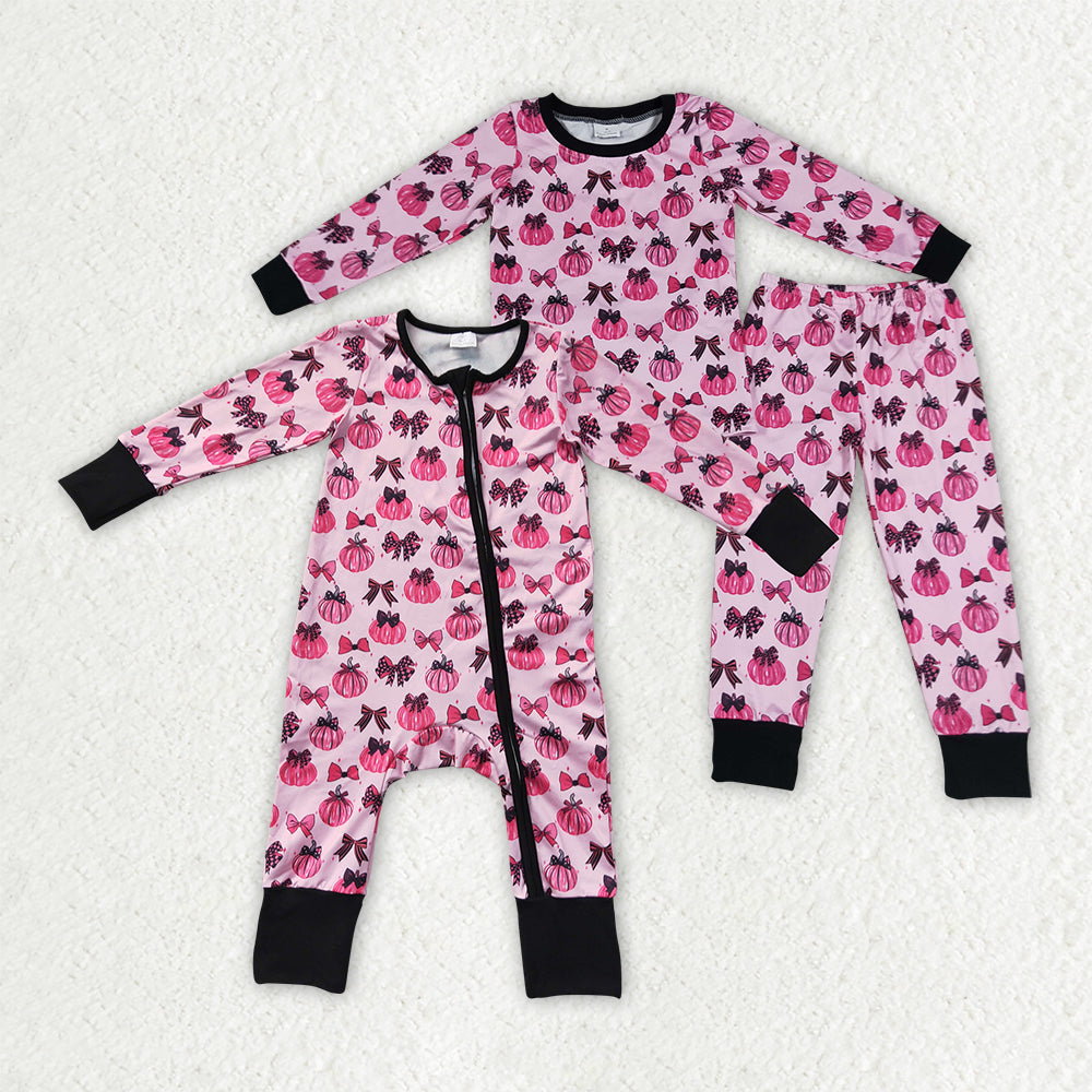 Pumpkin Bows Hot Pink Black Girls Set/Romper Set Sibling Clothes