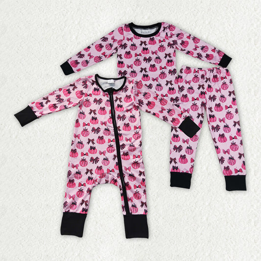 Pumpkin Bows Hot Pink Black Girls Set/Romper Set Sibling Clothes