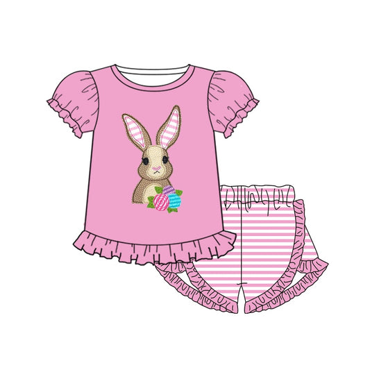 preorder GSSO0369 Easter rabbit flowers pink short sleeve striped shorts girls set