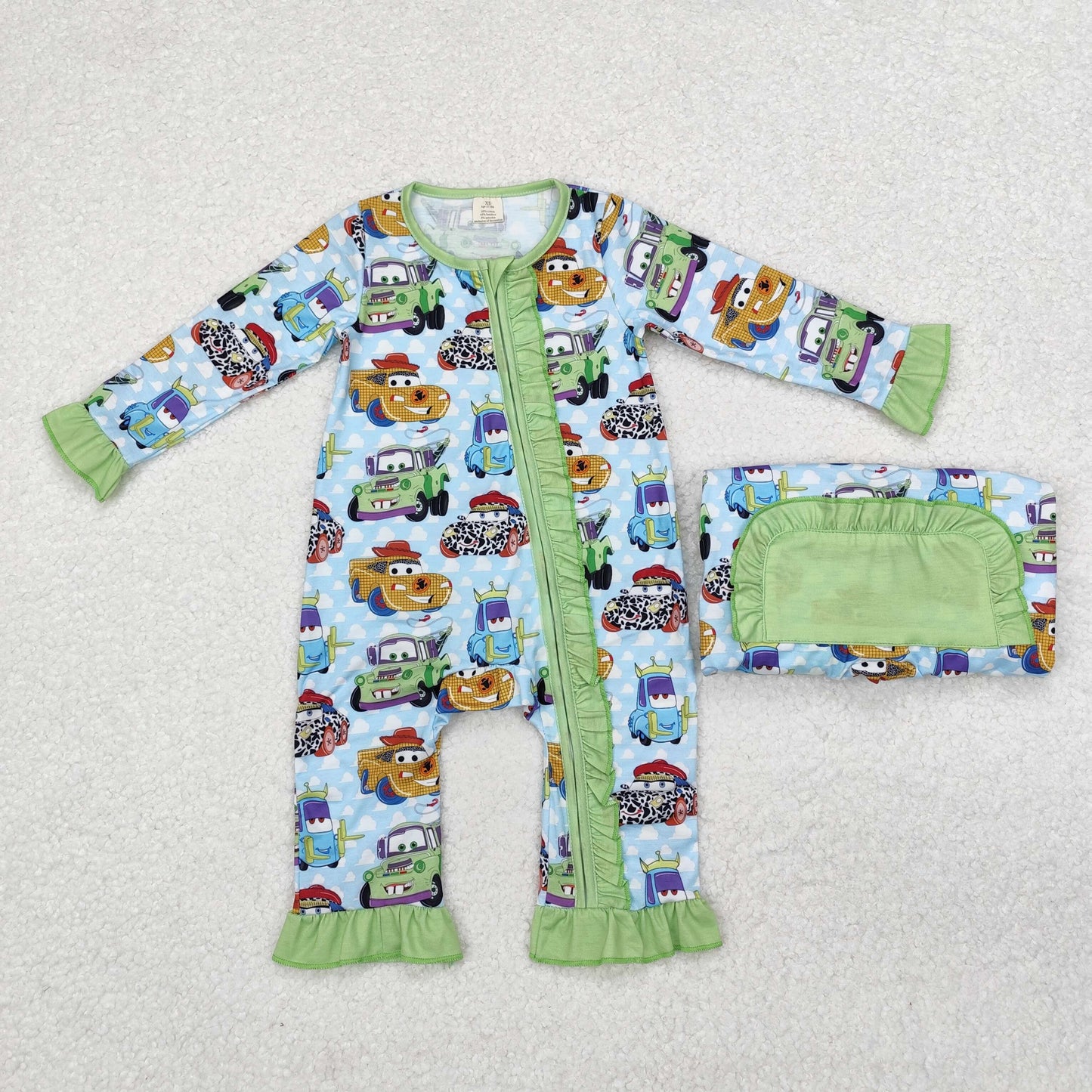 bamboo LR1623 Western cartoon car green long sleeve zipper girls romper