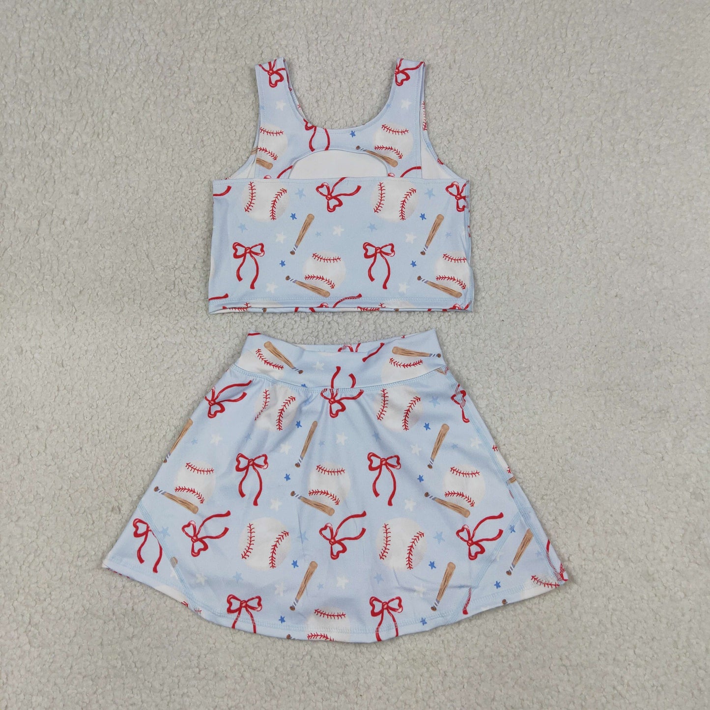 GSD3835 Yoga Baseball Bows Blue Sleeveless Skorts Girls Set