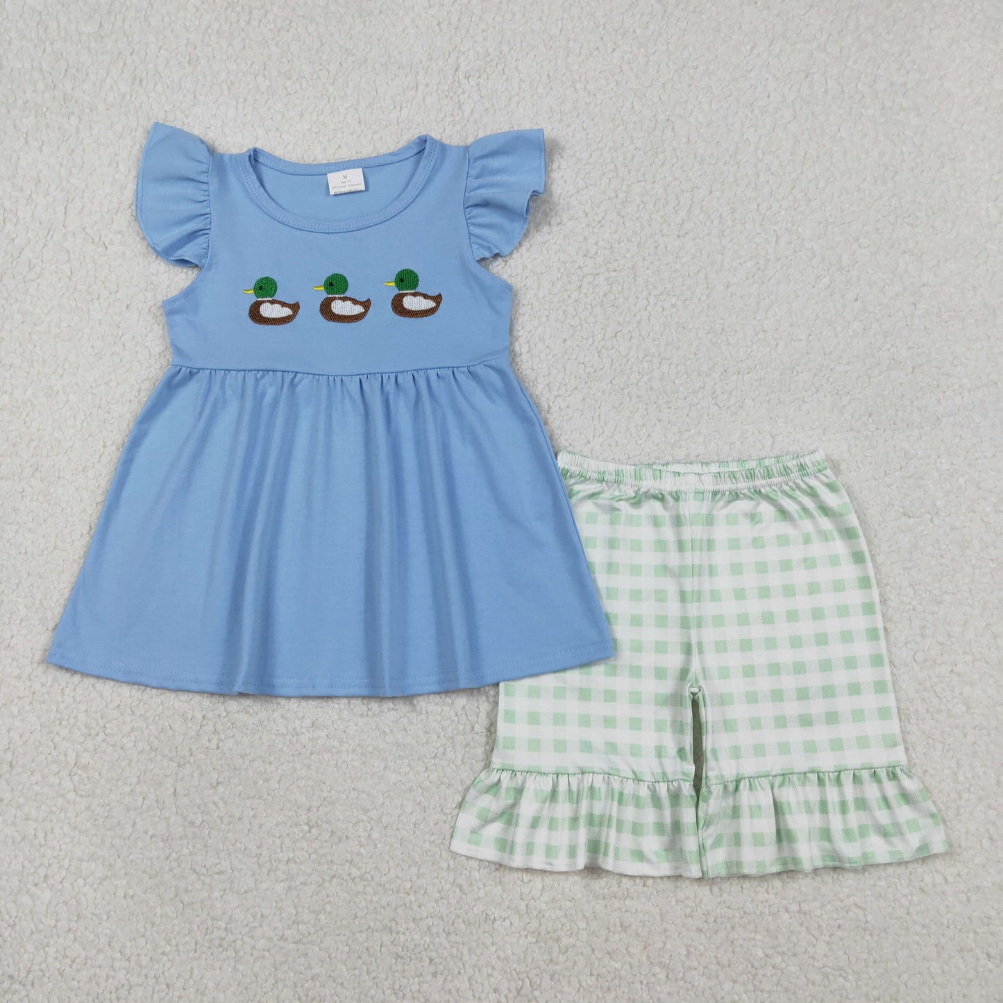 Embroidery GSSO2728 cute mallard duck blue flutter sleeve green checkered shorts girls set