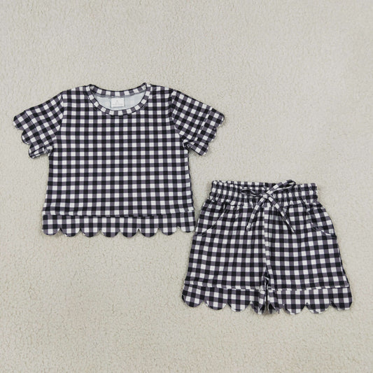 GSSO3842 Scallop Black Checkered Short Sleeve Shorts Girls Set